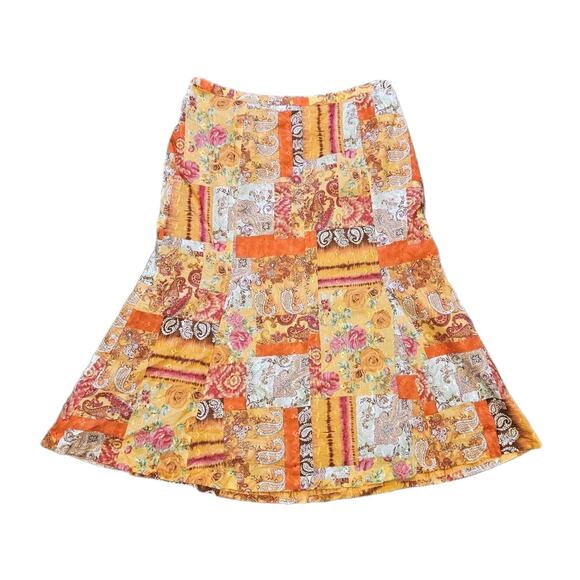 Vtg Patchwork Midi Skirt Women 14 Orange Floral Paisley Embroidered Hippie Retro - Picture 1 of 10